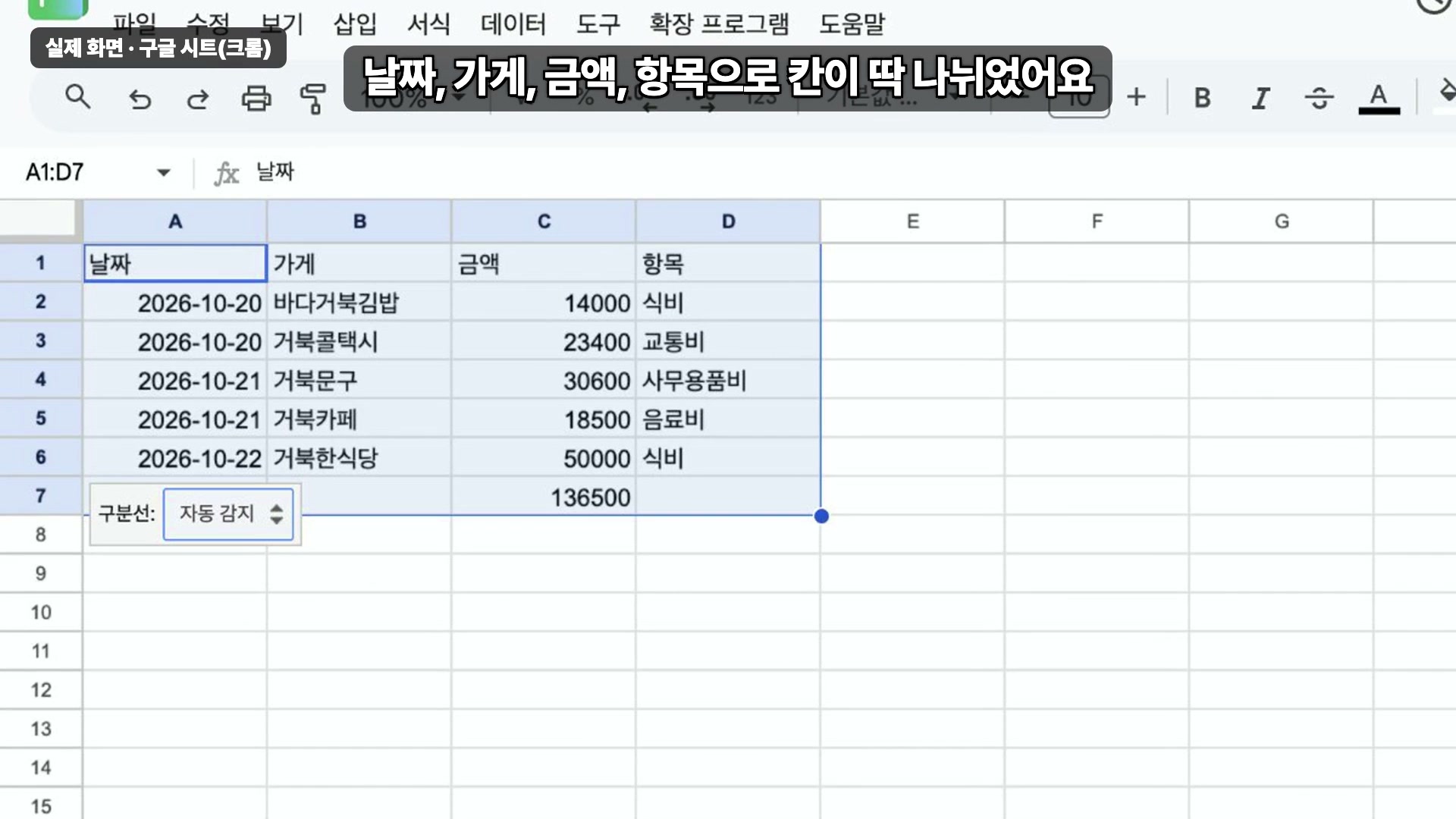 영수증 5장이 시트 표로 합계 136,500원 일치