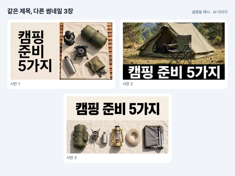 같은 제목을 얹은 AI 이미지 썸네일 시안 3장(설명을 위해 만든 예시)
